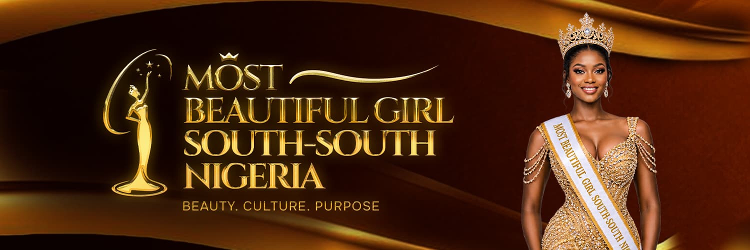 Most Beautiful Girl South-South Nigeria official banner — gold wordmark, trophy, and titleholder